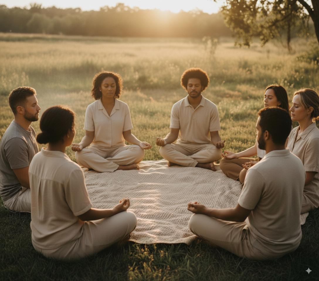 group outdoors at sunset